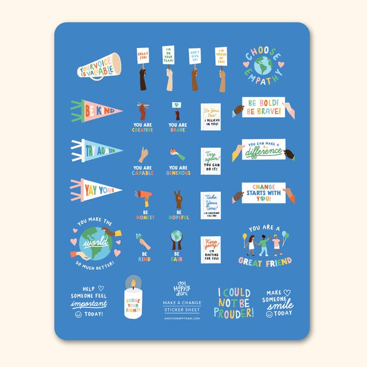 Make a Change Sticker Sheet, Teacher Diverse Blue Stickers for wholesale by Oh Happy Dani