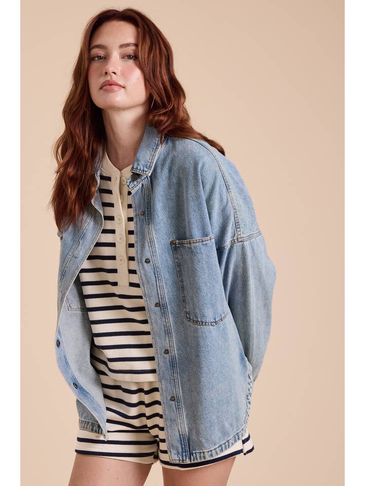 MIOU MUSE - Wholesale Shirt Jacket/Shacket - Women's - J3037 WASHED SNAP BUTTON DENIM SHACKET