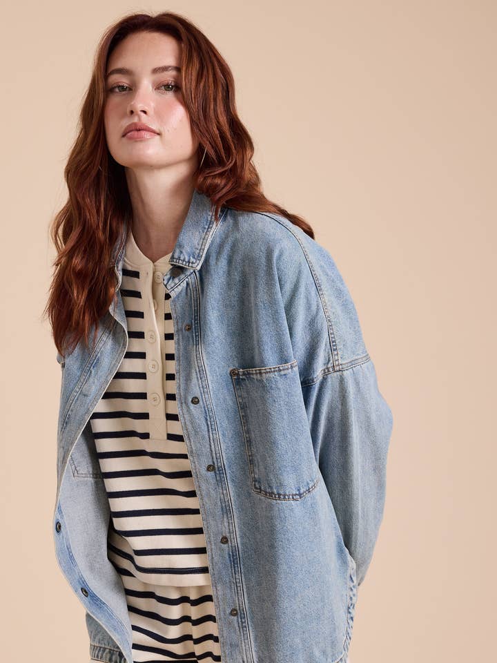 J3037 WASHED SNAP BUTTON DENIM SHACKET for wholesale by MIOU MUSE