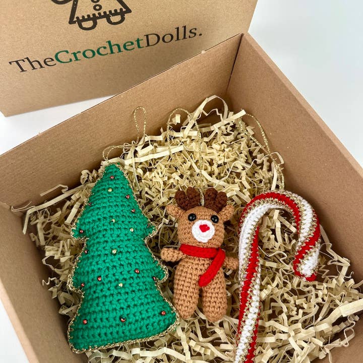 Christmas Decoration-Christmas Tree, Candy Cane and Rudolph for wholesale by THE CROCHET DOLLS LIMITED