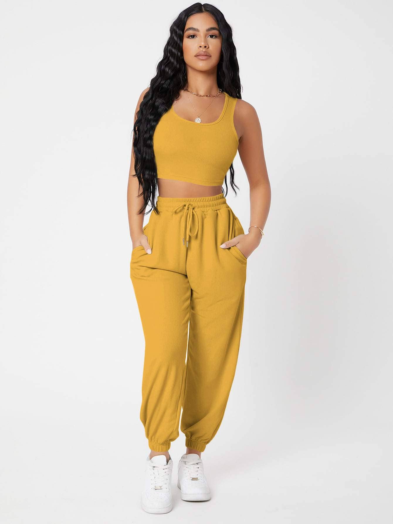 Fashion Combination - Wholesale Lounge set – Women's - petite solid crop tank top and joggers set7