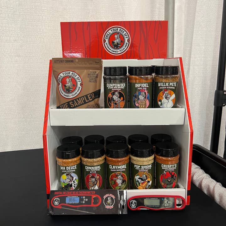 Grill Your Ass Off - Spices, Rubs, Seasonings, Sauces, Jerky - Wholesale Retailer Display - Food & Drink - Counter Top Display