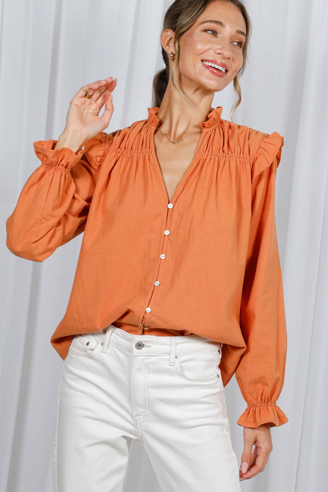 Vine & Love - Vente Chemisier – femme - Blouse à manches longues bouffantes avec col en V à volants 100 % coton VT8231529