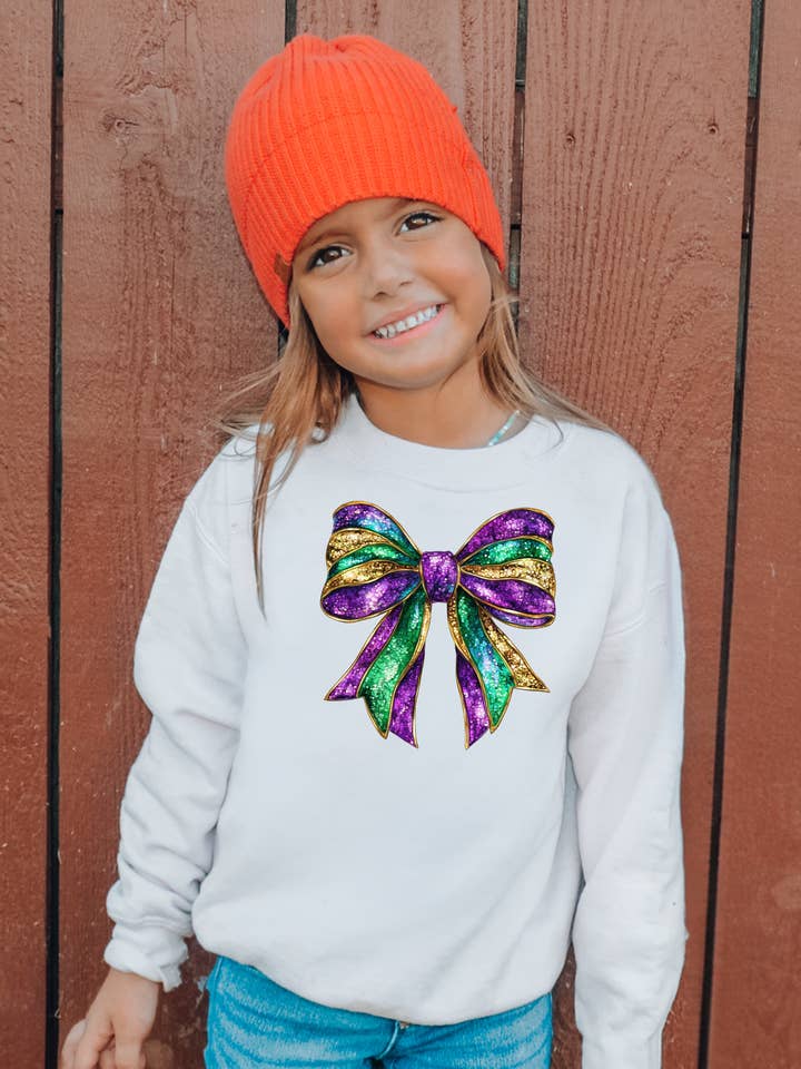 Faux Sparkly Mardi Gras Bow Youth Graphic Sweatshirt for wholesale by Uncommon Label