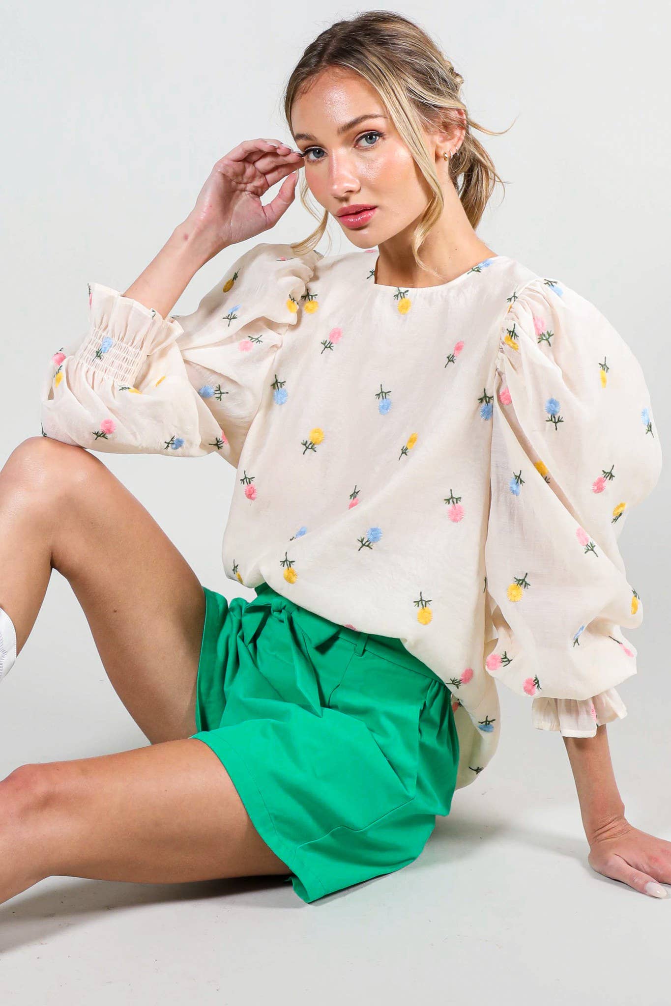 Vine & Love - Wholesale Blouse - Women's - Embroidered Long Puff Organza Blouse Top VT60375A11