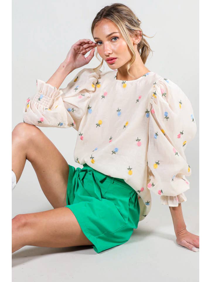 Vine & Love - Wholesale Blouse - Women's - Embroidered Long Puff Organza Blouse Top VT60375A11