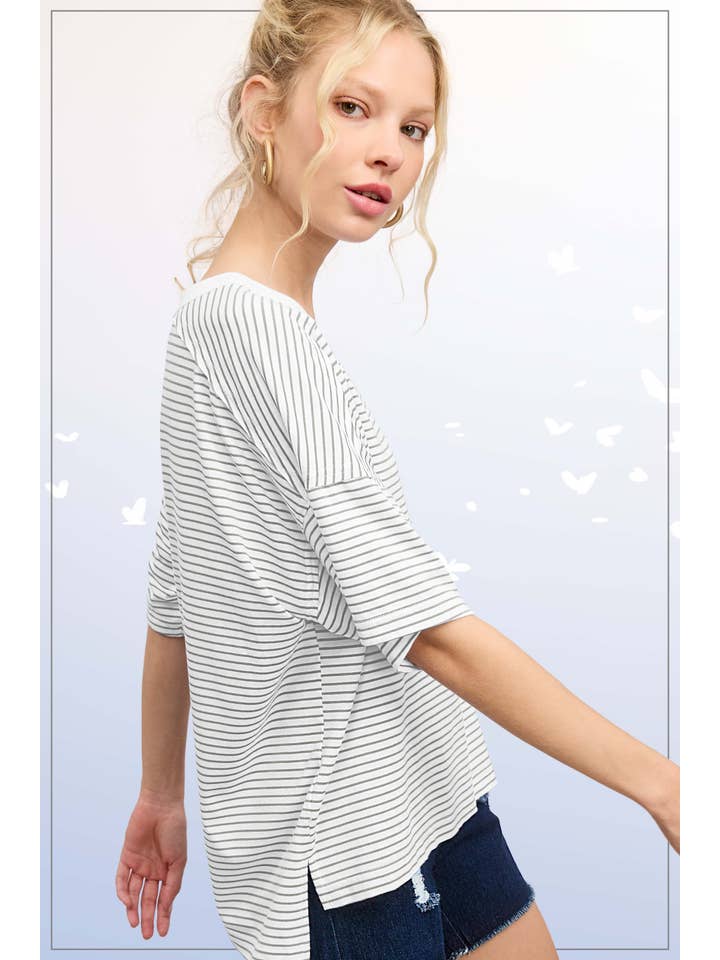 La Miel - Wholesale T-shirt – women's - HDT7703-Basic Striped Drop Shoulder Short Sleeves Top5