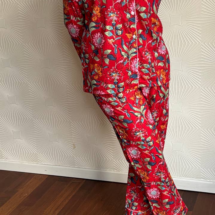 Muno - Wholesale Sleepwear Set - Women's - Light Pink Flowers and Birds Indian Cotton Pyjama Set 4