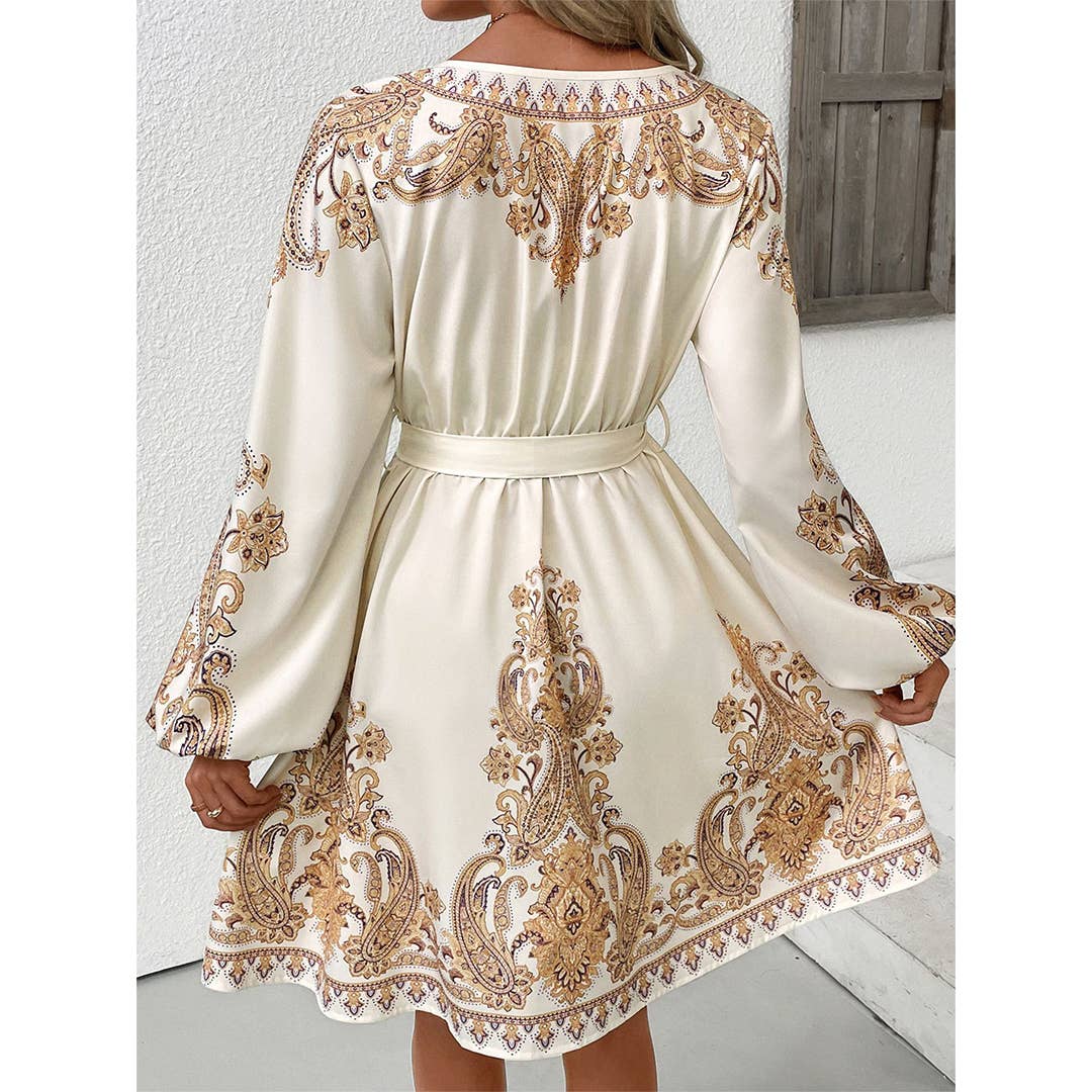 Apricot Elegant Ethnic Vintage V-Neck Paisley Print Dress BFZY1651 for wholesale on Faire3