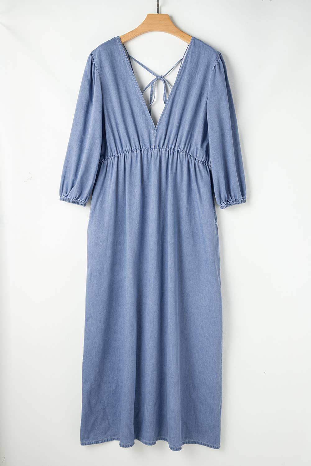 Blue  Chambray Deep V Neck Bracelet Sleeve Maxi Dress for wholesale on Faire3