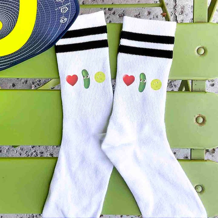 White Black I Love Pickleball Crew Socks for the Pickleball Player for wholesale on Faire