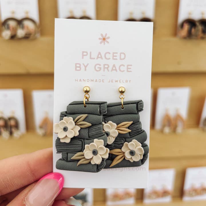 Placed by Grace - Wholesale Dangle Earrings - Floral Book Stack Earrings, bookish, book jewelry0