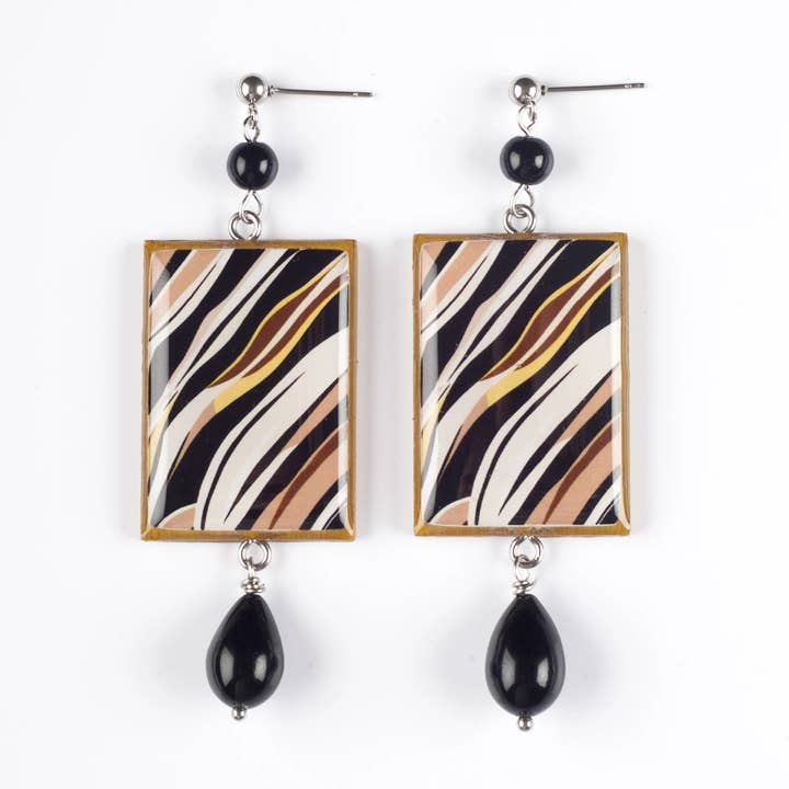 Handmade wooden and resin earrings - mustard lines for wholesale by 4everyday Handmade