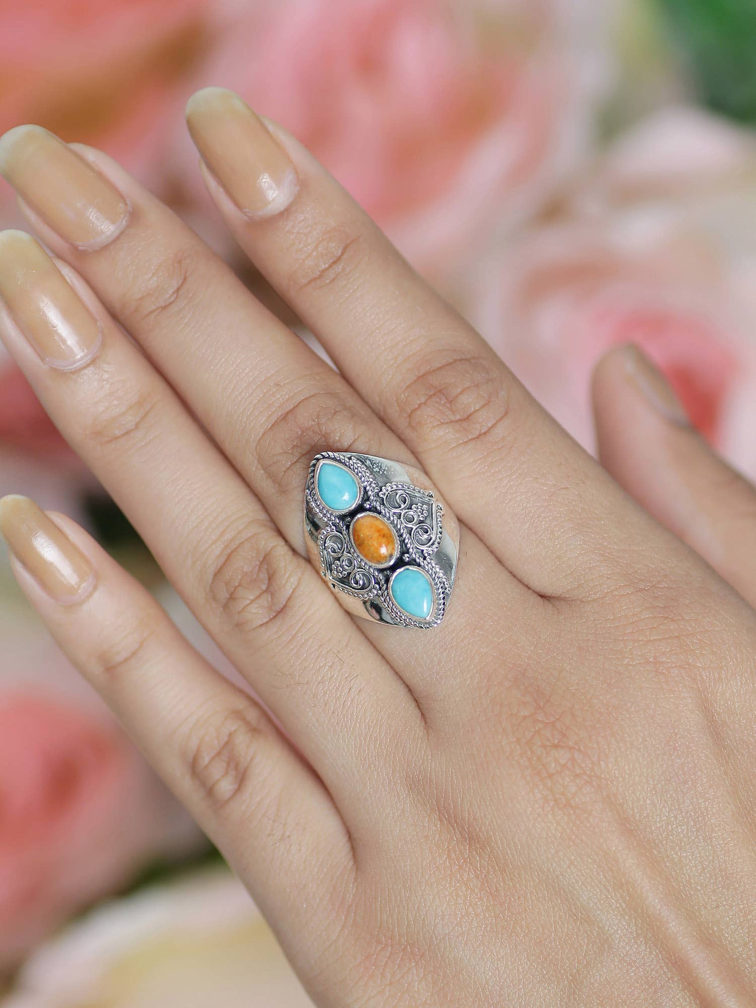 Tiramisu - Wholesale Cocktail/Statement Ring - Turquoise 3 Stone Wide Band Boho 925 Sterling Silver Ring4