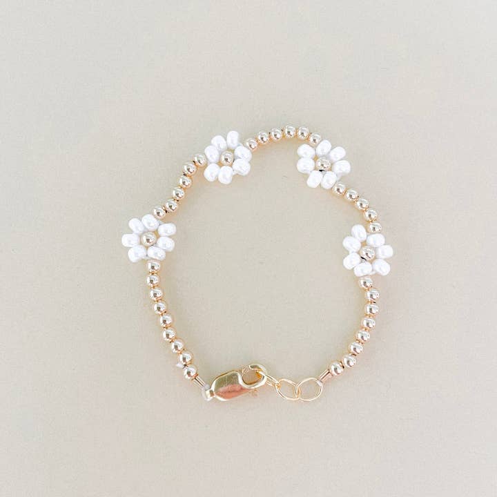LITTLELUNDSCO - Wholesale Beaded Bracelet - Kids - 14k gold filled dainty white daisy bracelet