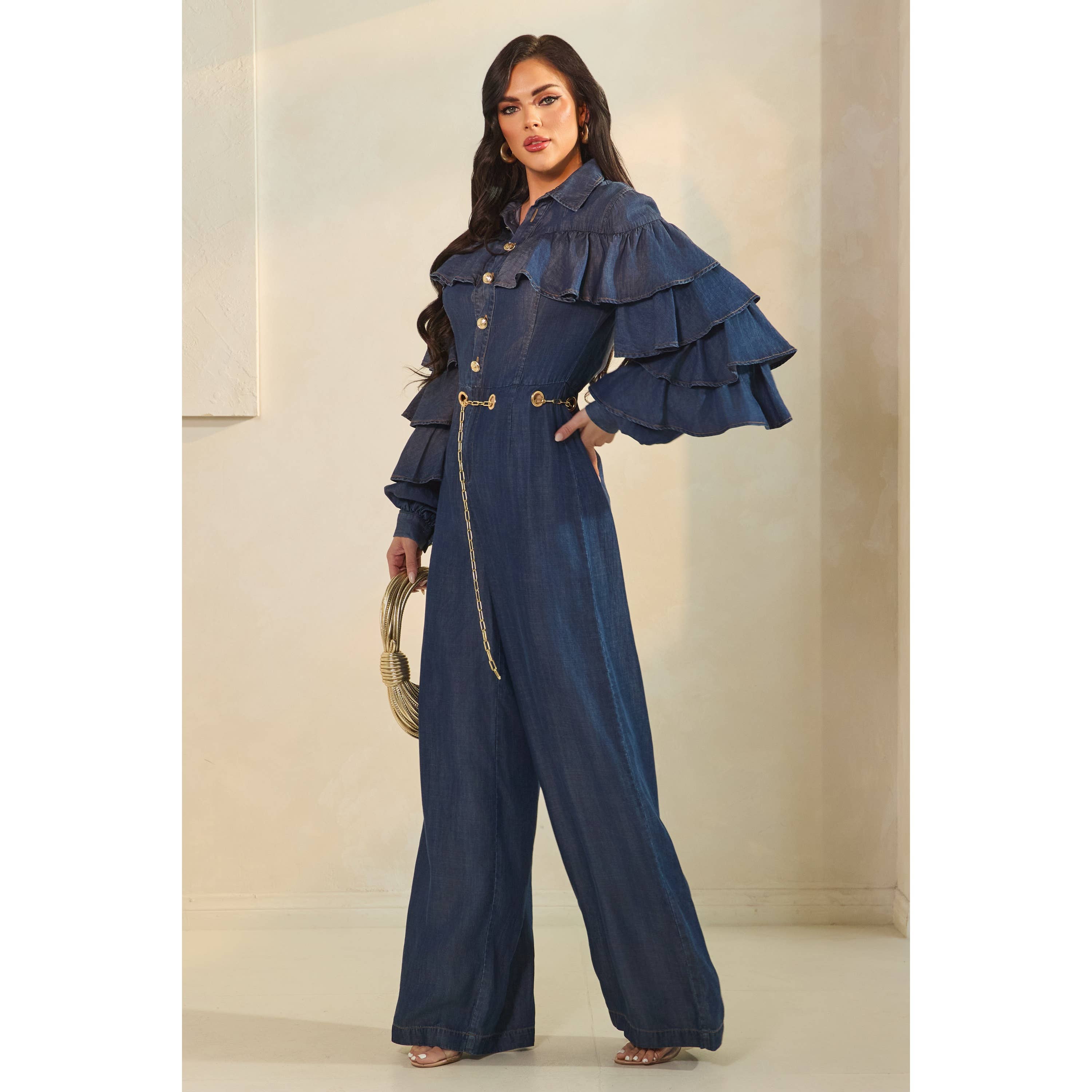 MEZCLILLA MONO CON MANGAS DE VOLANTES EN CAPAS Y DETALLE DE CINTURÓN CON OJALES de venta al por mayor en Faire4