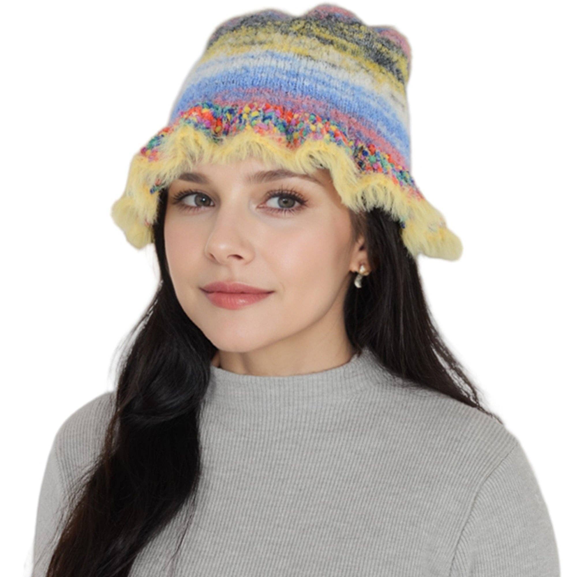 AK Brand – wholesale Bucket hat – Women's – Colorful Striped Knit Bucket Hat Fluffy Winter Fisherman Hat15