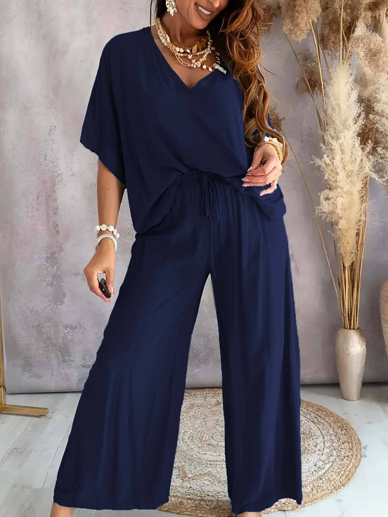 HIDDENBRAND - Wholesale Top & Pant Set (NOT Loungewear) - Women's - Lazy batwing top & wide-leg pants set loungewear1