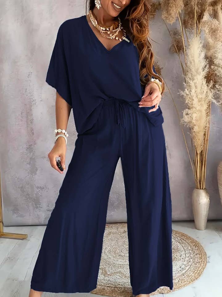 HIDDENBRAND - Wholesale Top & Pant Set (NOT Loungewear) - Women's - Lazy batwing top & wide-leg pants set loungewear1