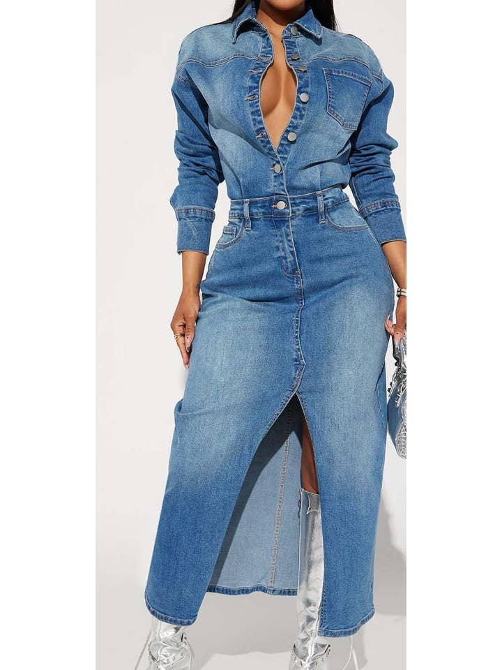 Blue long sleeved denim trench coat cardigan denim cape dress for wholesale on Faire