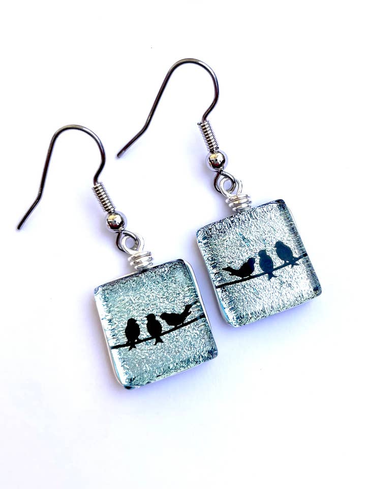 Dichroic Glass Earrings - Three Little Birds for wholesale by Flame Work Designs - Glass Jewelry