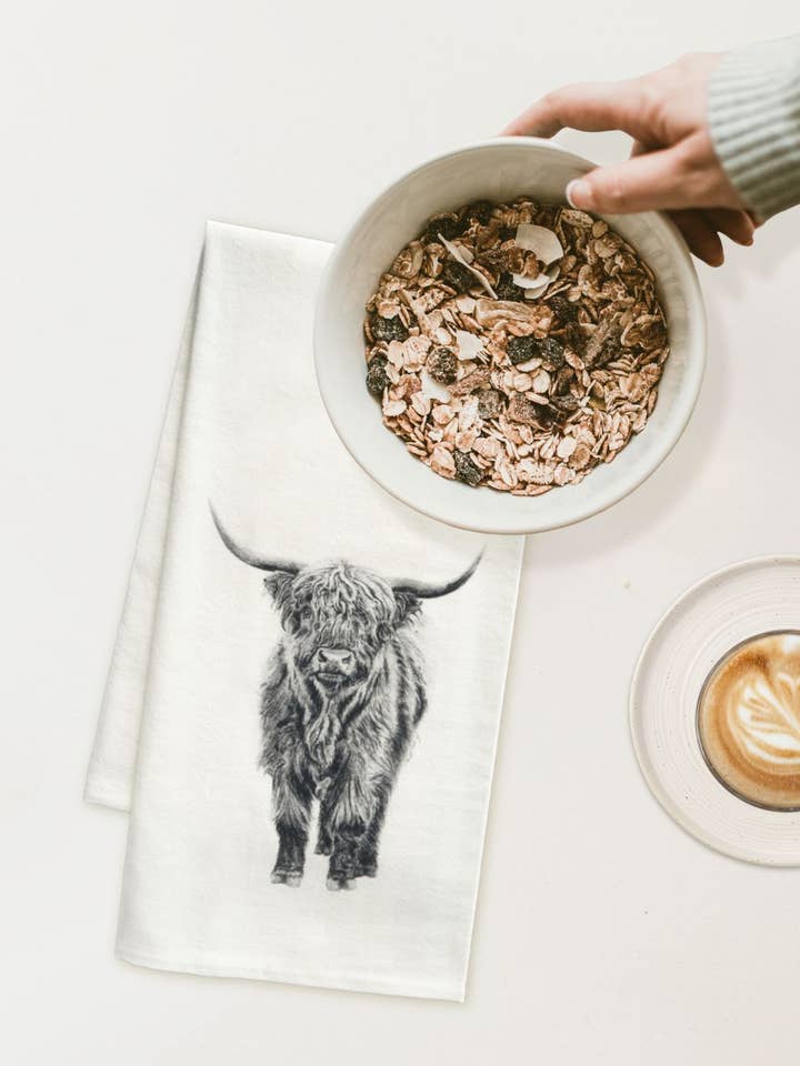 Highland Cow Tea Towel - Flour Sack Cotton for wholesale by Pen On Paper Co