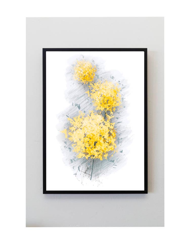 Yellow and grey flower Splatter Print for wholesale by Pics and Squiggles