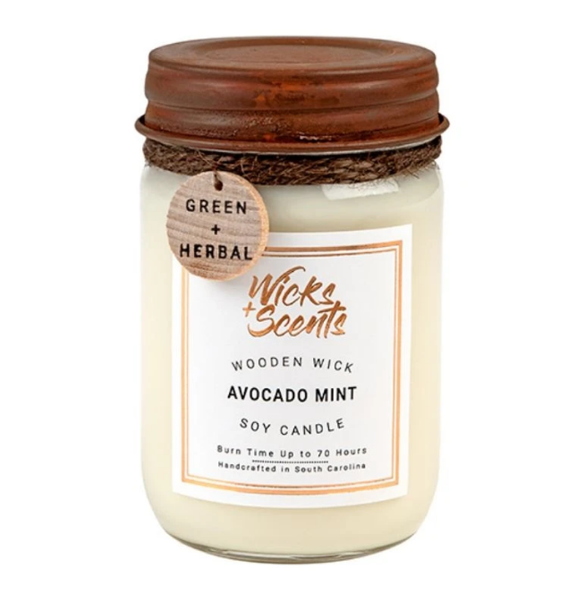 Wicks + Scents - Wholesale Jar/Filled Candle - Avocado Mint - Wooden Wick Soy Candle - 12 oz0