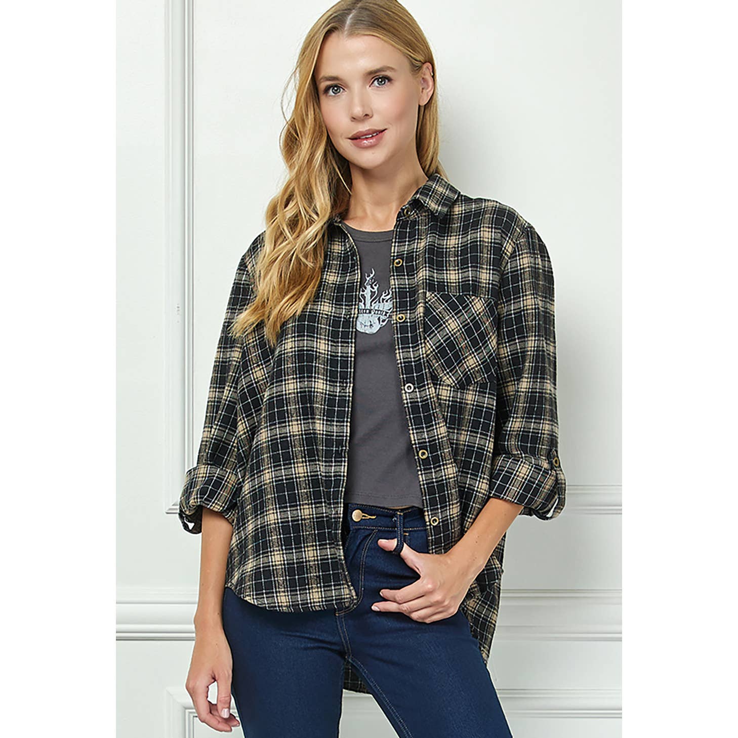 TAUPE/BLK KARIERTE FLANELLHEMDEN MIT ROLLÄRMELN UND KRAGEN für den Großhandel auf Faire