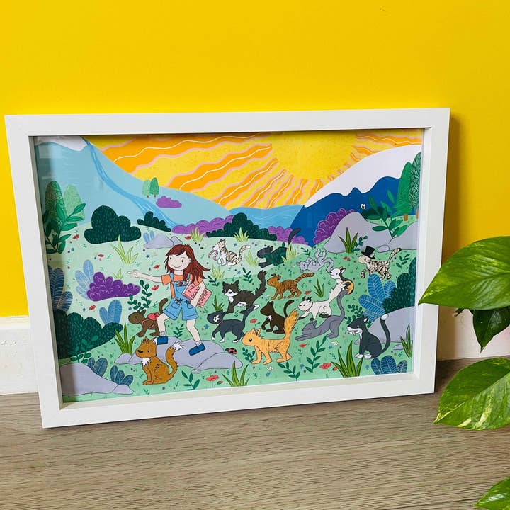 Adventuring Cats Illustration Wall Print for wholesale by Pixiecraft