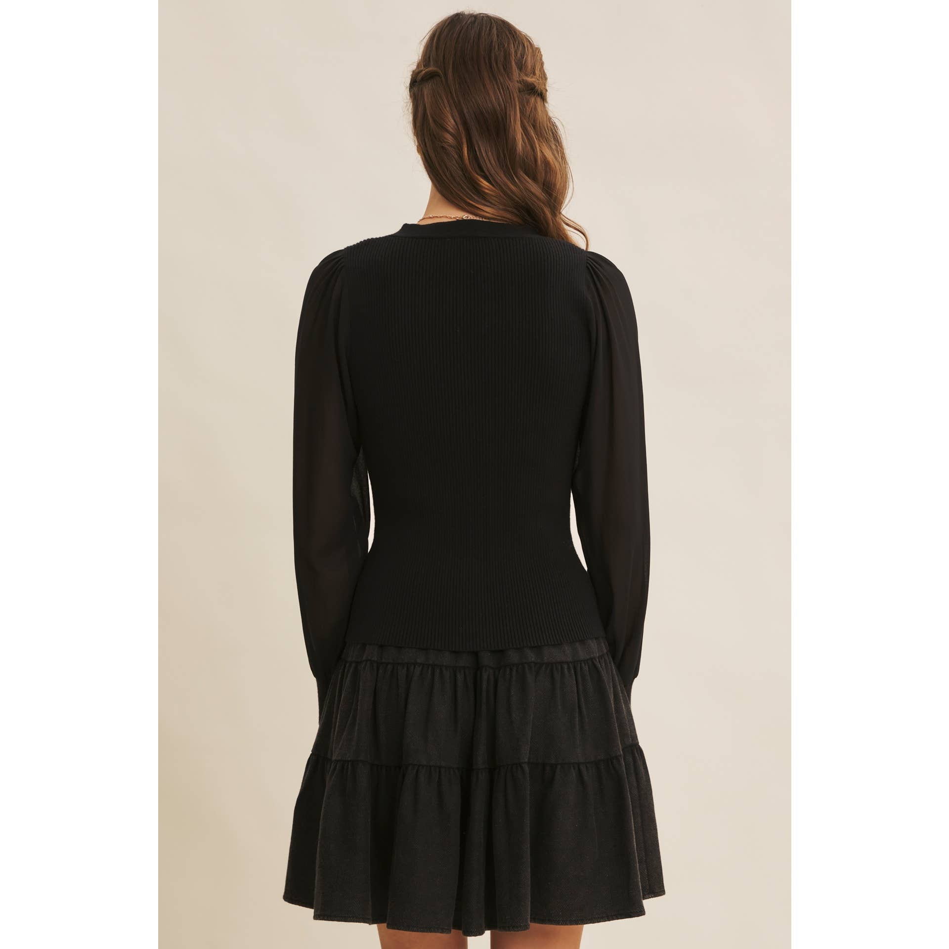 in february - Wholesale Cardigan - Women's - FITTED RIB SWEATER CARDIGAN WITH SHEER CHIFFON SLEEVES16