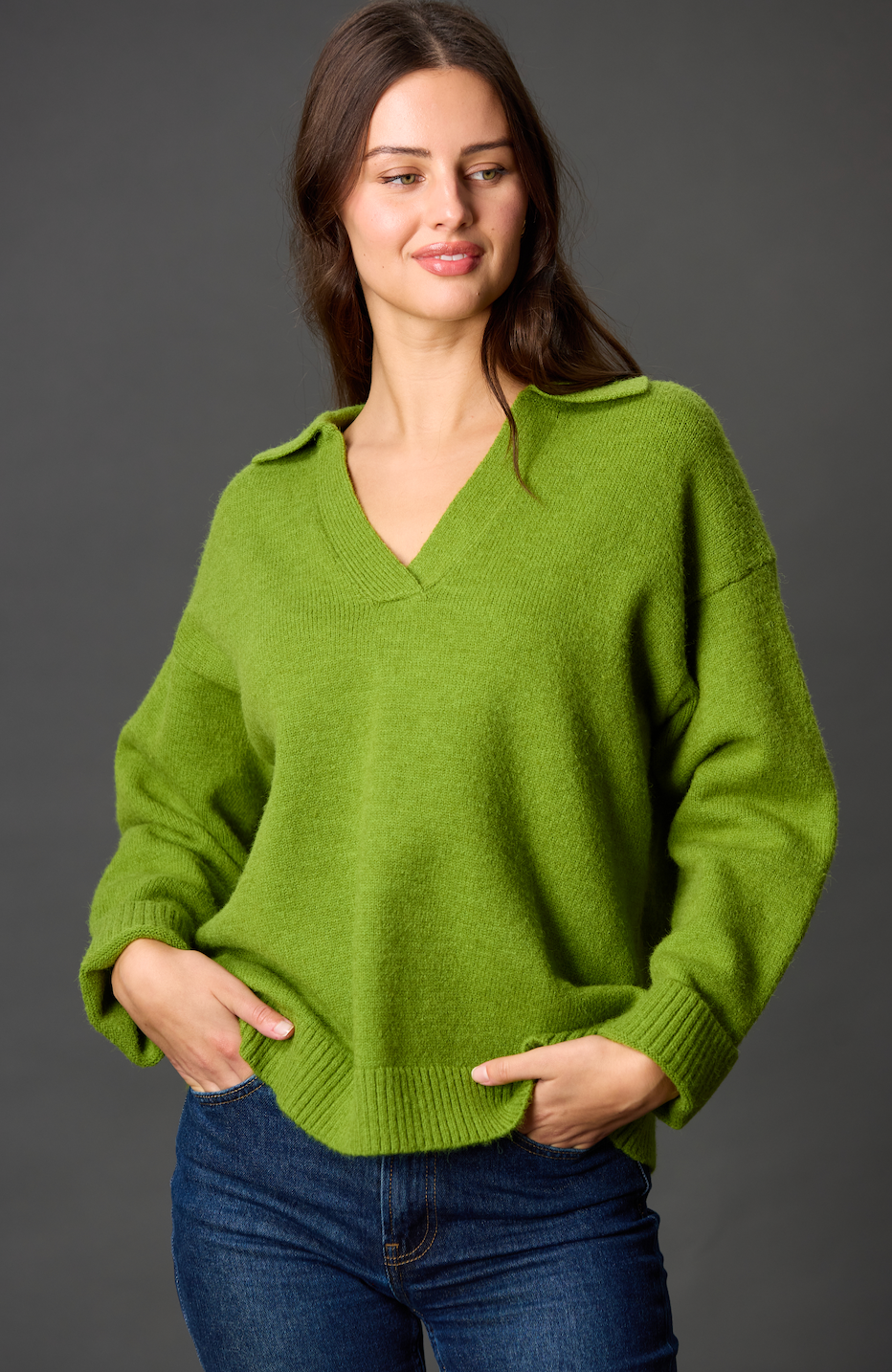 Dark Raspberry Knit Collared V Neck Ribbed Border Sweater Top	 for wholesale on Faire7