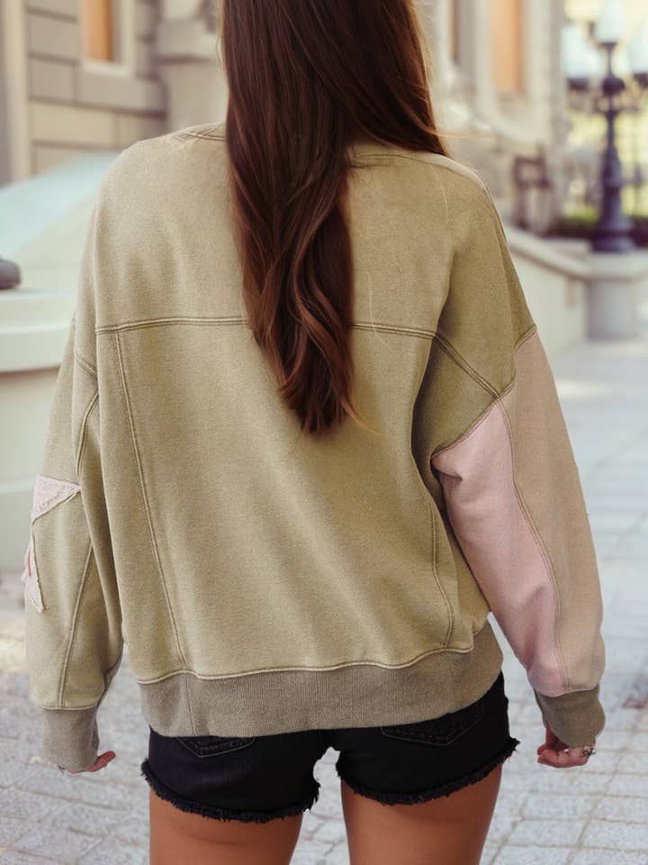 1 the Woman - Wholesale Sweatshirt - Women's - Raw Seam Double Star Patched Hem Drop Shoulder Sweatshirt1