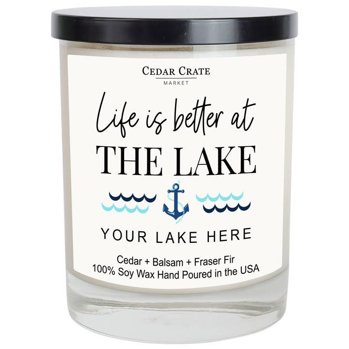 Custom Candle - Name Drop - Life Is Better At The Lake for wholesale by Cedar Crate Market