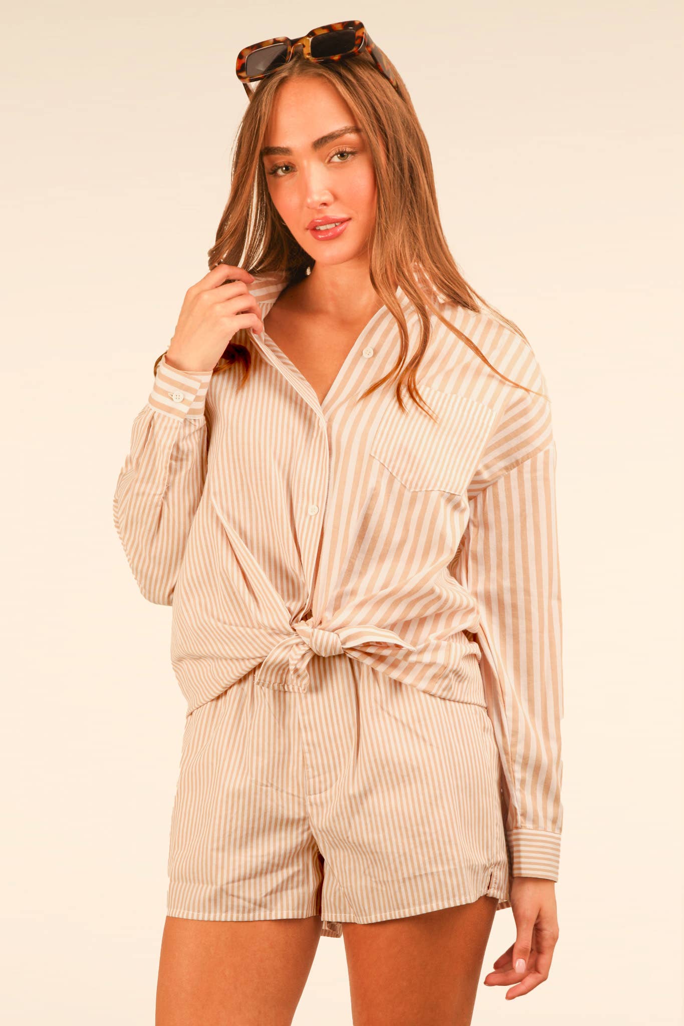 VERY J - Wholesale Lounge Set - Women's - NT12020SET-Striped Oversized Comfy Shirt Top & Shorts Set3
