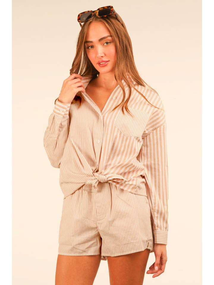 VERY J - Wholesale Lounge Set - Women's - NT12020SET-Striped Oversized Comfy Shirt Top & Shorts Set3