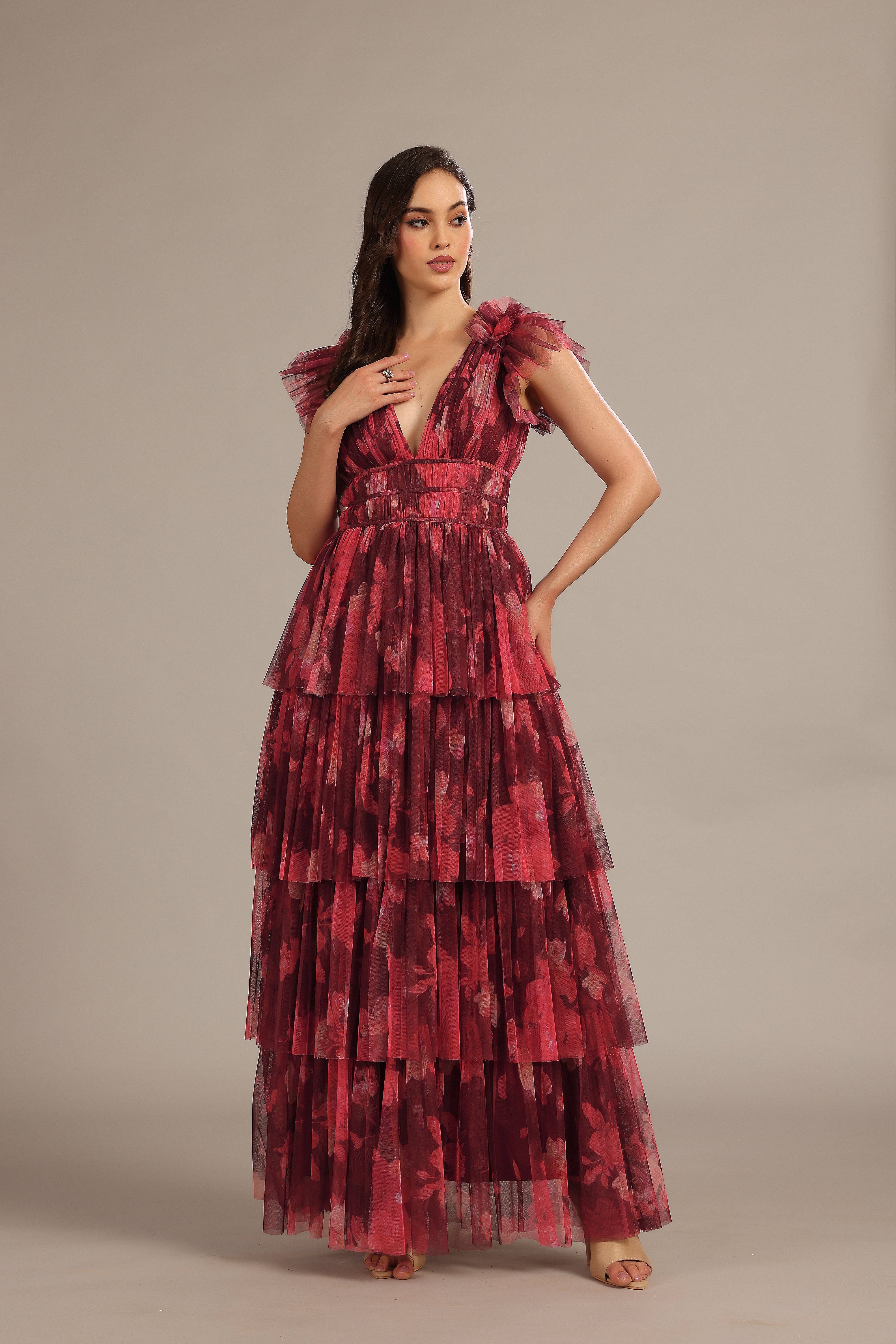 Naomi Tulle Maxi Dress in Deep Red Floral for wholesale on Faire1