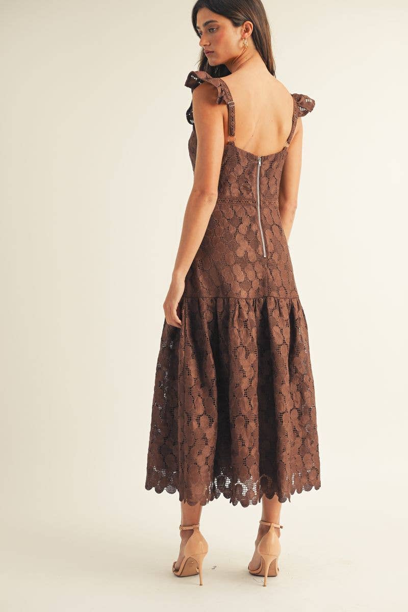JUST ME - Wholesale Dress - Women's - NOVELTY LACE RUFFLE BOTTOM MIDI DRESS1
