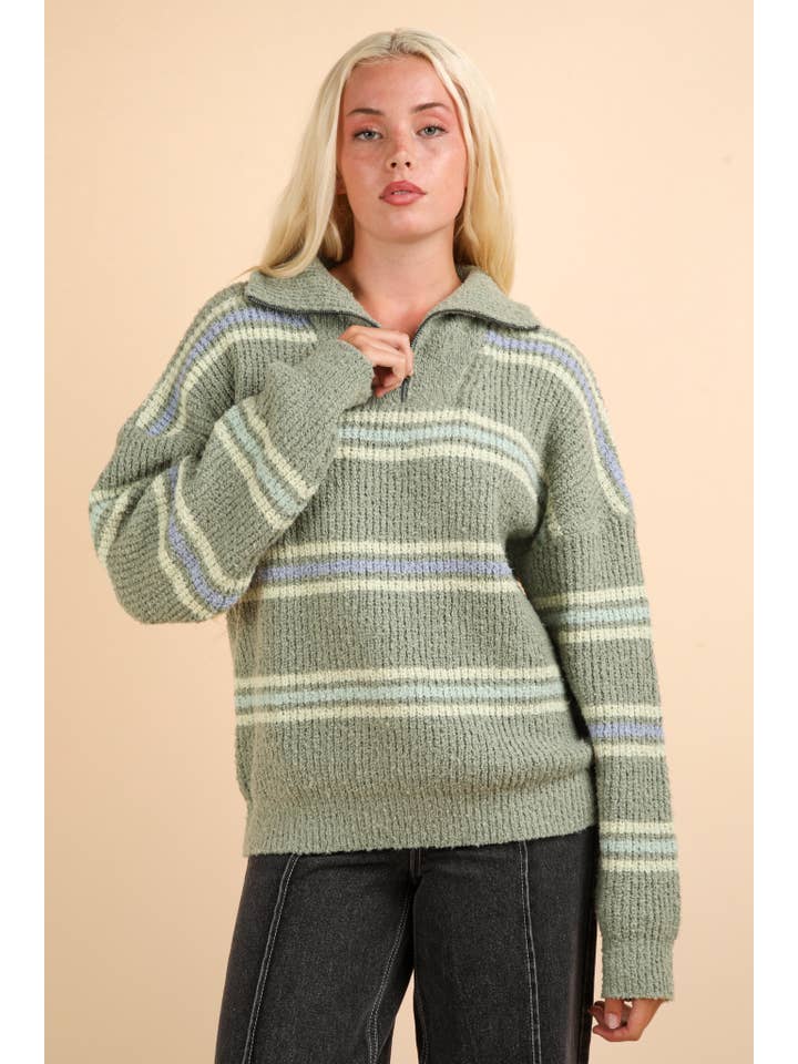 VERY J - Wholesale Knit Sweater - Women's - 12W3136N-Multi Color Striped Half Zip Up Knit Sweater Top
