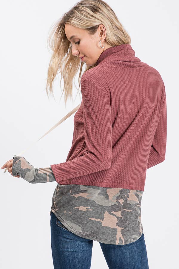 7th Ray - Wholesale Sweatshirt - Women's - Brushed Waffle Camo Contrast Thumbhole Cuff Twofer Top T20416