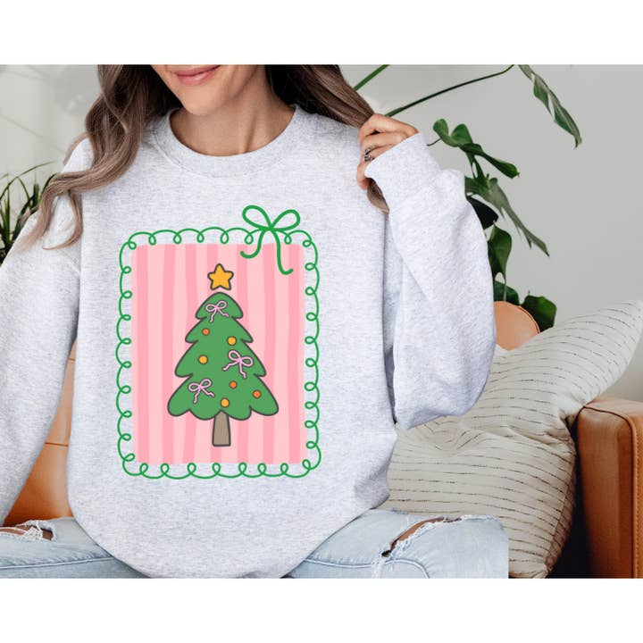 Pink Stripe Christmas Tree Postage Stamp Gildan Sweatshirt for wholesale by Aluminum Petunias