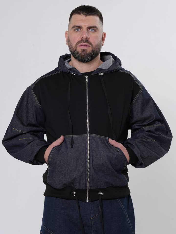 Blouson bomber pour homme à panneaux en denim pour la vente par Metamorphoza