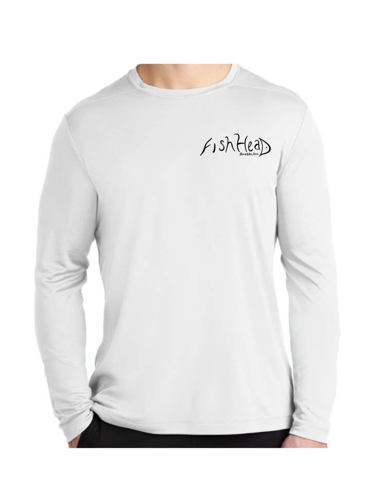 Men's UPF50 Long-Sleeve Dry-fit Tshirt (White with Redfish) for wholesale by FishHead Threads, Inc.