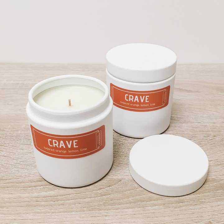 CRAVE - White Tin Traveler for wholesale by Moodwax Candle