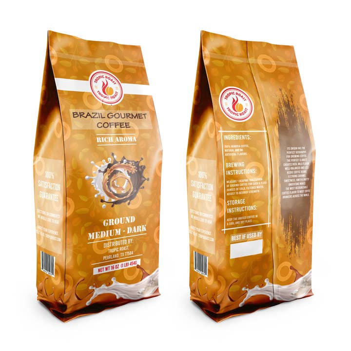 Brazil Coffee 100% Arabica Medium-Dark, Ground, Net WT 16 OZ (1LB) for wholesale by Tropic Roast