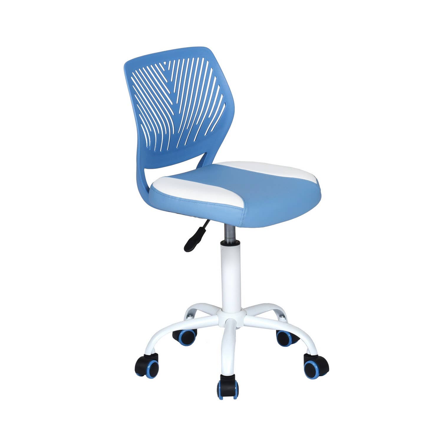 HomeRoots - Vente Chaises - Chaise de bureau pivotante à roulettes réglable en hauteur bleu et blanc0