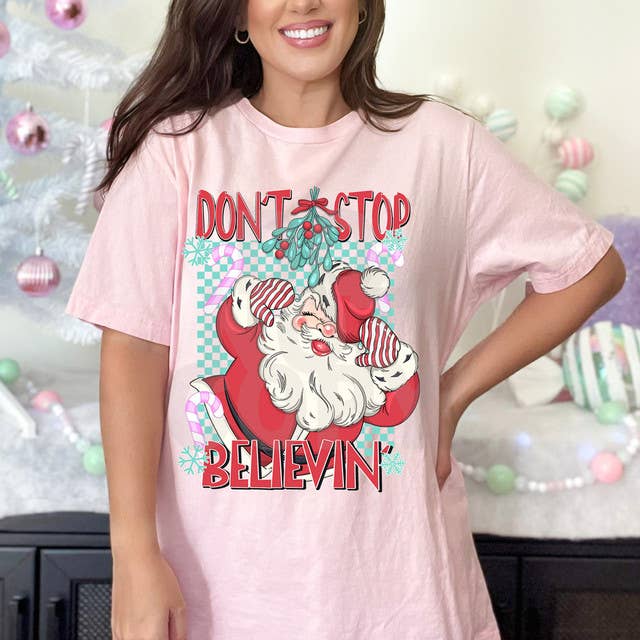 Don't Stop Believin' Santa DTF Heat Transfer for wholesale by Trendy Transfers