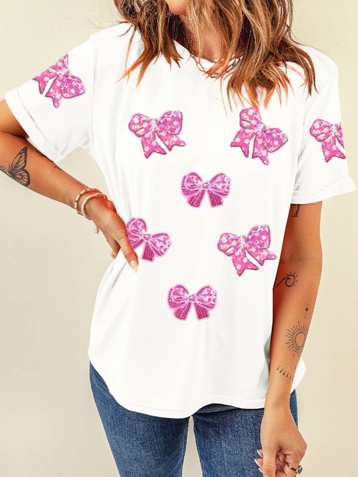 Camiseta de San Valentín con patrón parcheado de lazo brillante para venta al por mayor de 1 the Woman