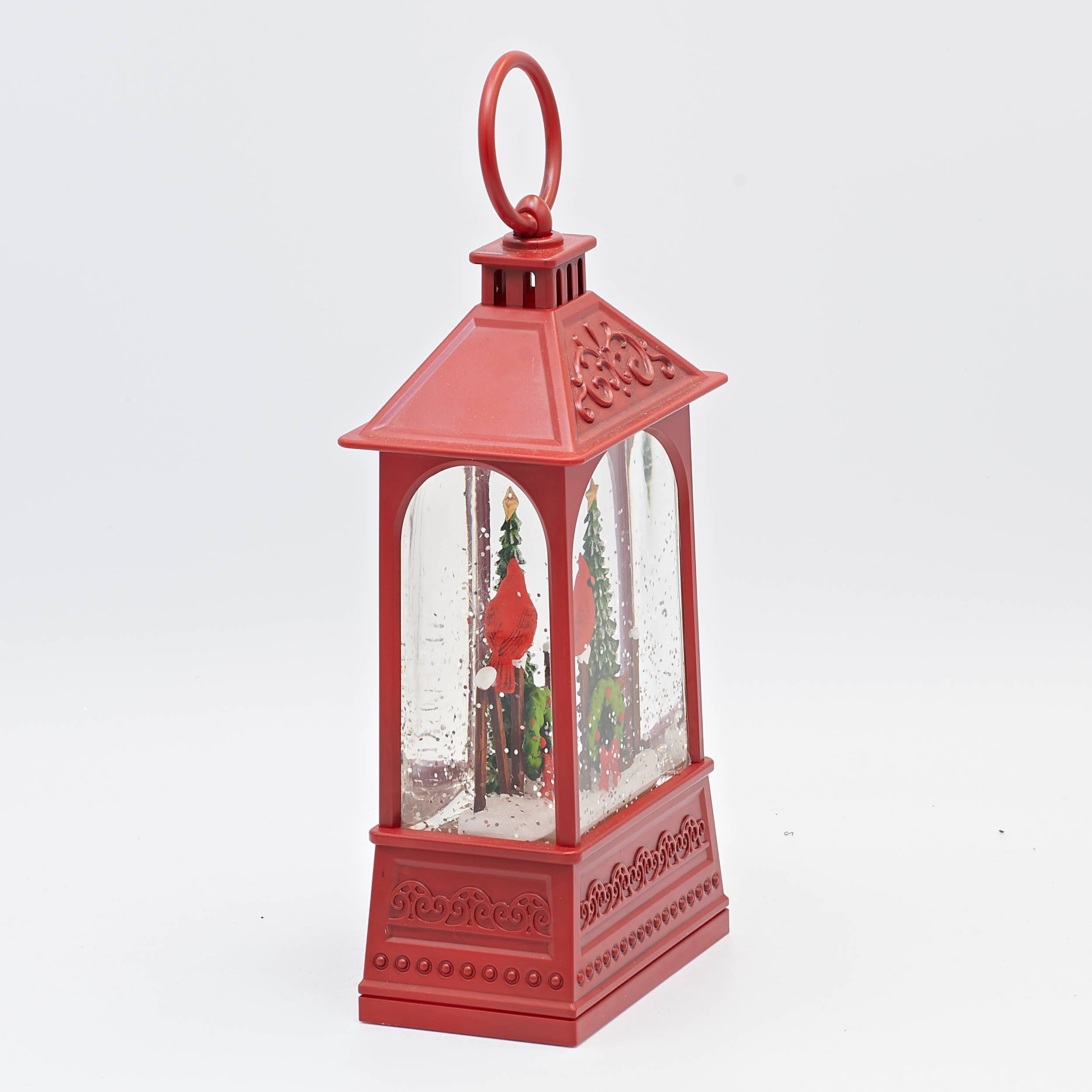 Roman - Wholesale Decorative Tabletop Object - Lighted Swirl Cardinal Noel Scene in Red Lantern1