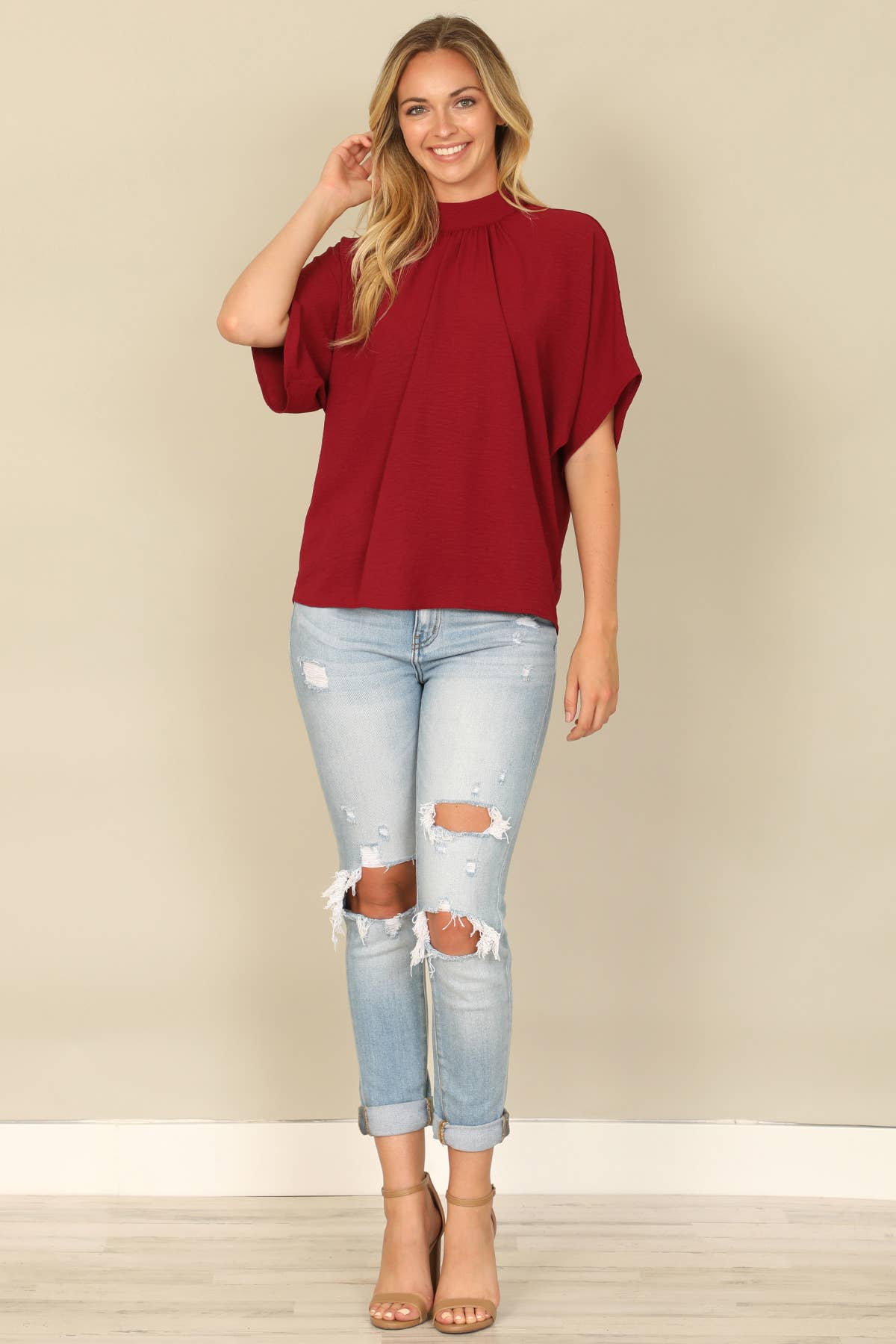 You & Me – Großhandel Bluse – Damen – YMT20083V-SOLID RÜCKENBAND DOLMAN-ÄRMEL HOCHHALS-TOP32